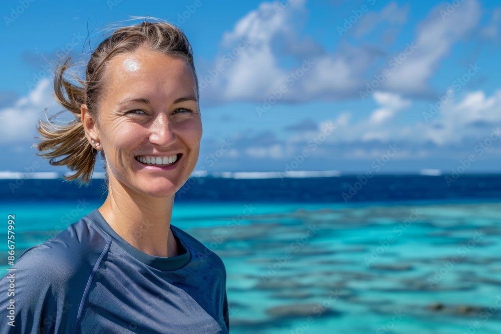 Portrait of a cheerful caucasian woman in her 40s wearing a moisture-wicking running shirt on stunning ocean reef Portrait of a cheerful caucasian woman in her 40s wearing a moisture-wicking running shirt on stunning ocean reef