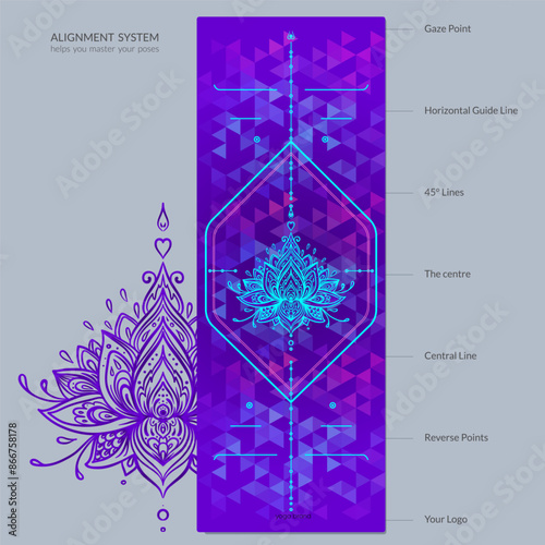 Alignment Yoga Mat design template. Vector illustration. Ready to print modern style. Perfect support in any asana, for the most demanding yogis with beautiful sybol in the center pointinspired by