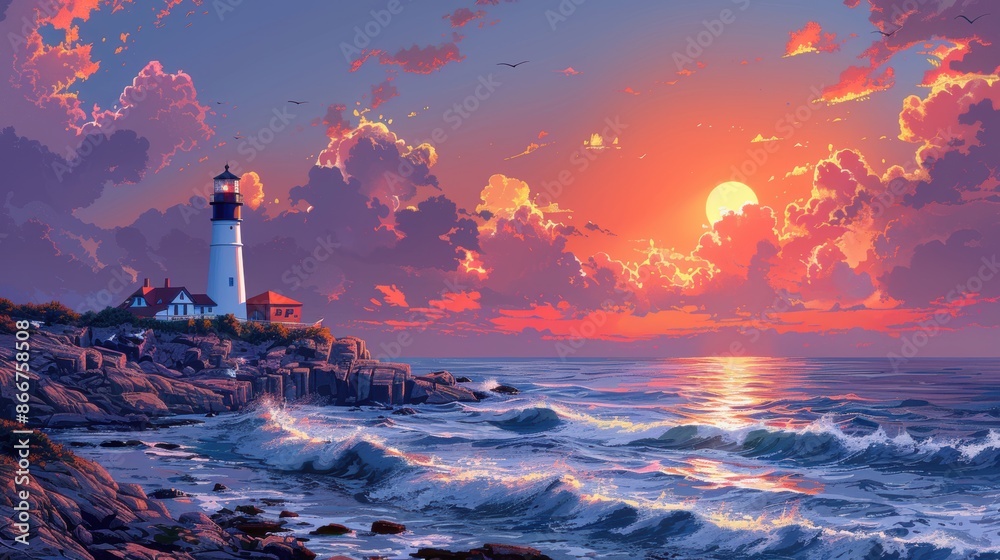Illustration dramatic coastal cliffs with waves crashing against the rocks and a lighthouse standing tall on the edge.