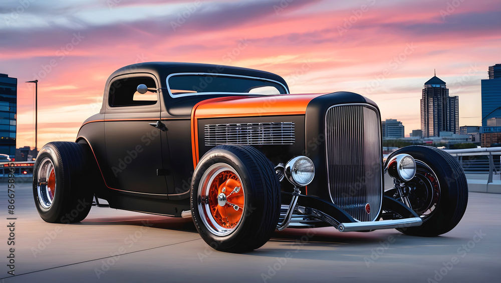 beautiful old timer hot rod vintage matte black orange car at sunset, transport and vehicles, automotive background, auto mock up