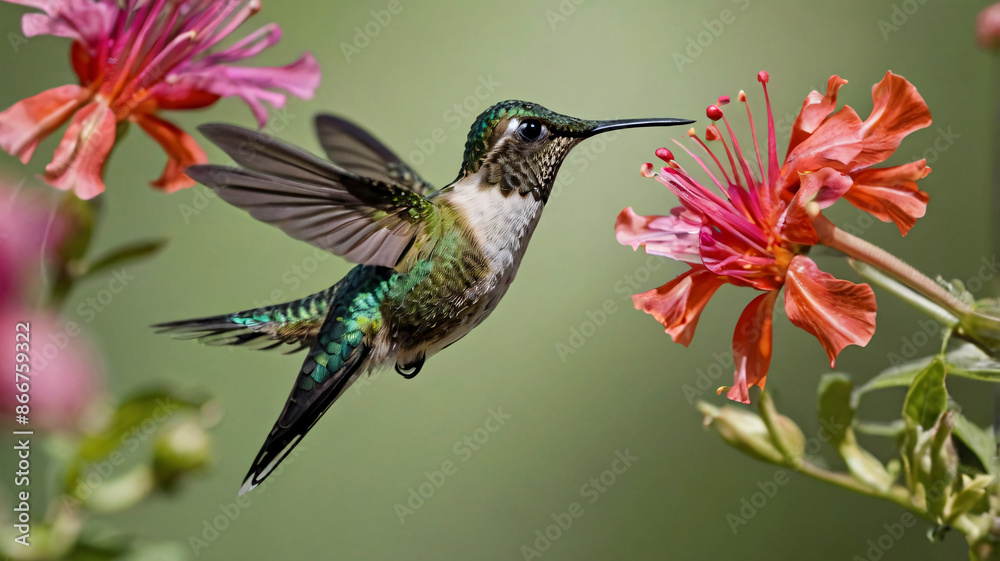 Fototapeta premium The Hummingbird. Flying from Flower to Nectar