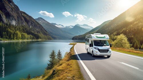 RV driving on the road, next to a lake and mountains in the background, on a sunny day, with beautiful scenery, during the summertime, Motorhome by the Lake. front view