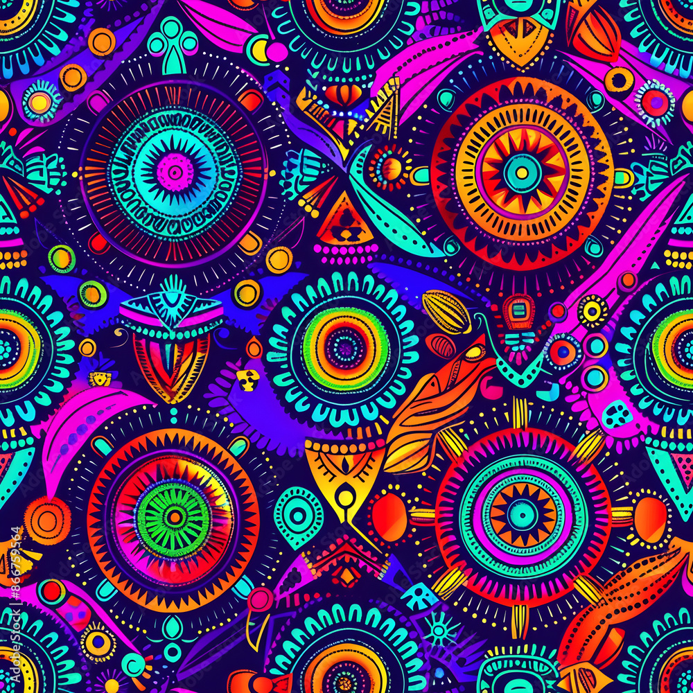 Ethnic psychedelic look created by seamless pattern with vibrant neon colors and geometric shapes Ethnic psychedelic look created by seamless pattern with vibrant neon colors and geometric shapes