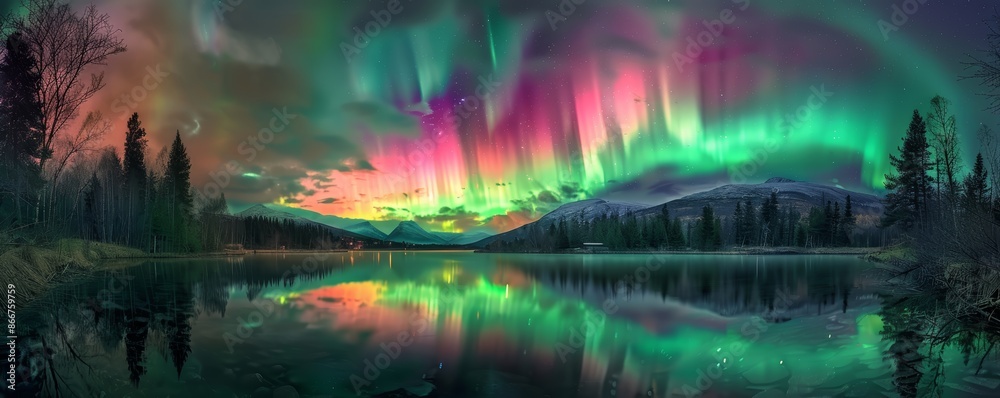 Fototapeta premium Northern Lights in shades of green and pink illuminating the dark sky, reflected on a serene lake, long exposure shot, ethereal and mesmerizing scene