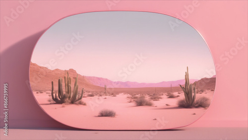 Surreal style wallpaper design: A pink desert landscape in a mirror.