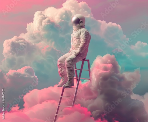 An astronaut in a white suit stands confidently atop a ladder, surrounded by vibrant, multicolored fluffy clouds, creating an inspiring and ethereal scene. photo