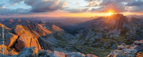 Mountains at sunset with golden and pink hues, dramatic shadows on the slopes, wide-angle perspective, stunning and tranquil