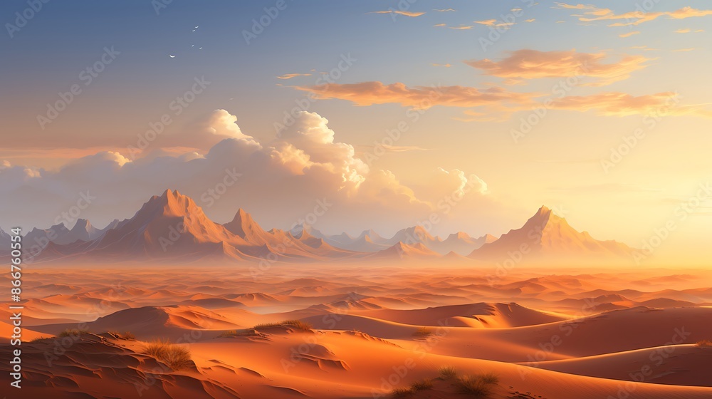Obraz premium A tranquil desert landscape with rolling sand dunes at sunset 