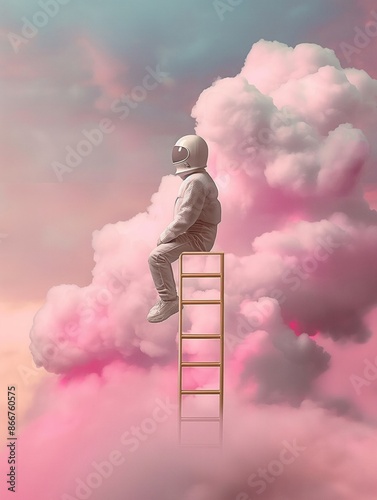 An astronaut in a white spacesuit sits on a ladder, overlooking a surreal and dreamy landscape of pink clouds blurred into the distance, inspiring imagination. photo