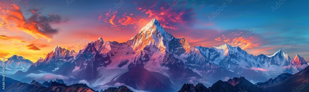 Obraz premium Mountain landscape at sunset with vibrant hues, snow-capped peaks glowing, panoramic shot, majestic and stunning