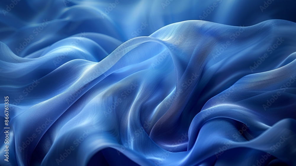 close-up of a smooth, blue silk fabric, flowing and swirling in a captivating dance.