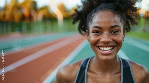 A young woman with a bright smile stands on a running track, showcasing her joy and determination in pursuing her fitness goals