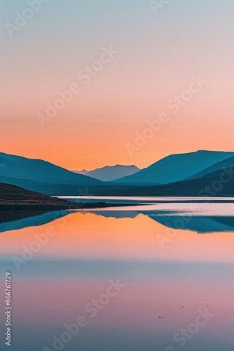 Sonnenuntergang mit Bergen und See