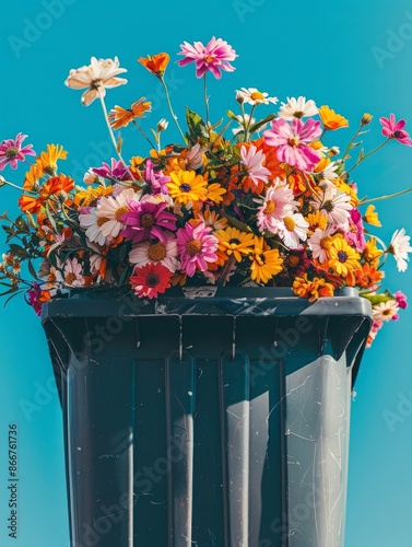 This vibrant image captures colorful flowers arranged in a modern plastic bin, set against a bright blue background, blending the unexpected combination into a striking visual art piece.