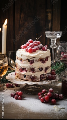 A three-layered cake topped with cherries and creamy frosting sits on a table, surrounded by candles and festive decorations, creating an inviting and festive atmosphere perfect for celebrations.