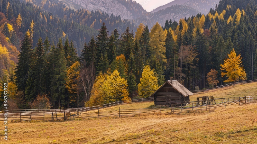 A rustic cabin sits in a field of yellow grass and trees. Generate AI image