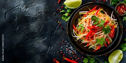 Spicy Thai green papaya salad with a burst of flavors. Concept Thai cuisine, Green papaya salad, Spicy dishes, Flavorful recipes photo