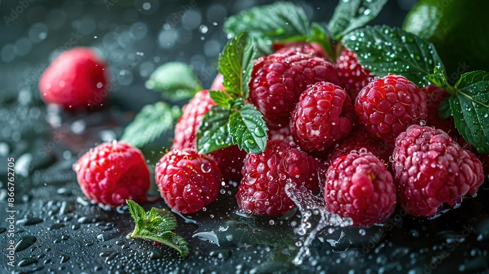 A collection of raspberries resting atop a table with raindrops and green foliage covering it A collection of raspberries resting atop a table with raindrops and green foliage covering it
