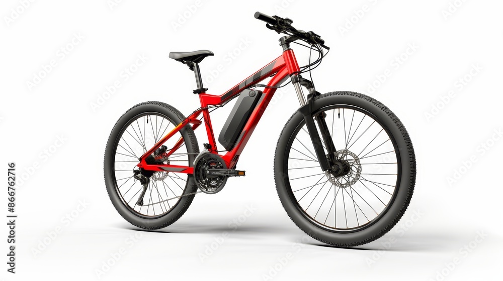 Fototapeta premium Red mid drive city e bike for touring, trekkingbattery powered innovation on white background