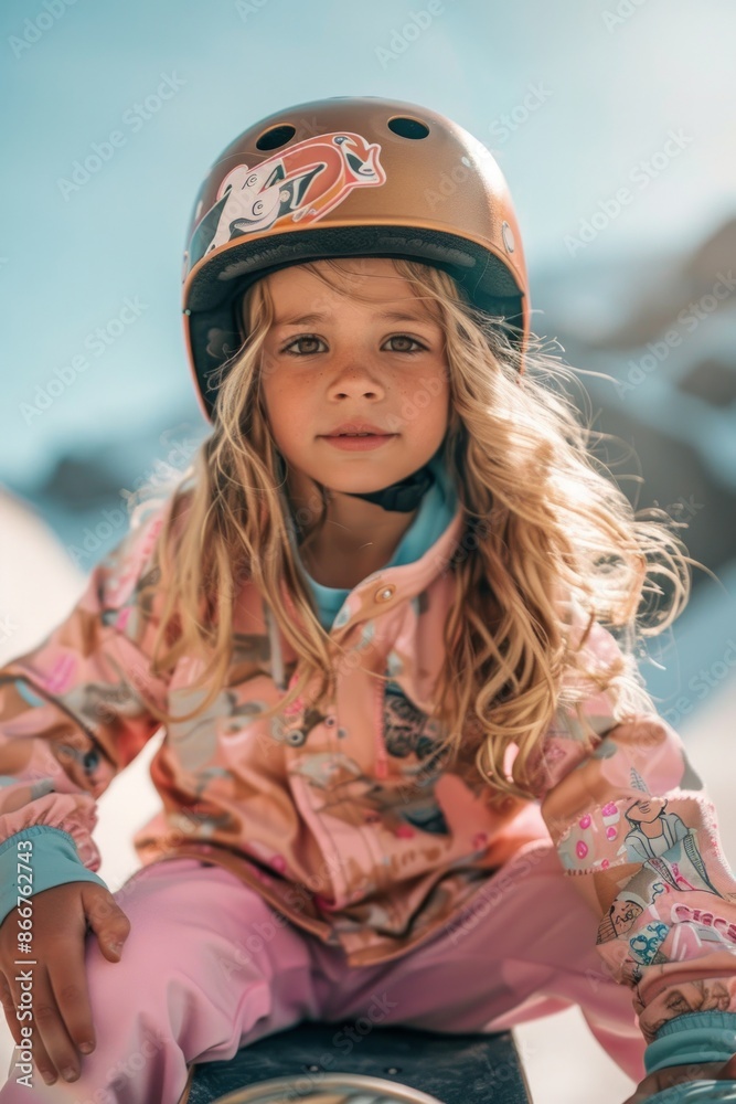 A young girl with a helmet and long blonde hair skateboards confidently in sunny weather, capturing her adventurous and active spirit, styled in colorful and dynamic attire for outdoor fun. A young girl with a helmet and long blonde hair skateboards confidently in sunny weather, capturing her adventurous and active spirit, styled in colorful and dynamic attire for outdoor fun.