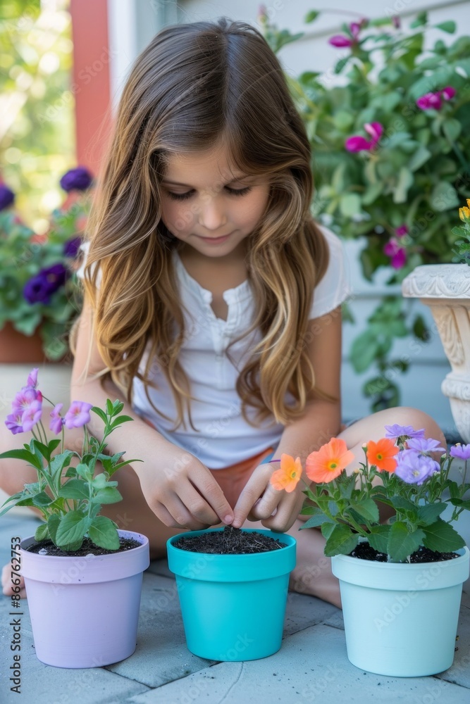 A young girl attentively planting flowers in three vibrant pots on a patio. She is engaged in the nurturing activity surrounded by blossoming flora in the background.