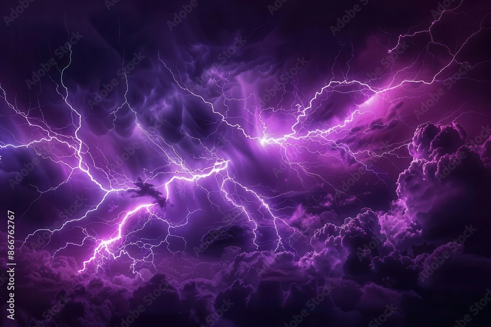 dramatic purple lightning bolt splits night sky illuminating turbulent storm clouds in eerie electric glow