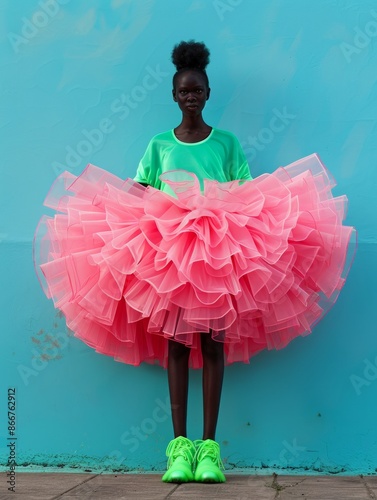 A stylish model wears a green top and pink skirt with ruffles, posing confidently against a blue wall, radiating a vibrant and dynamic energy in a visually striking composition.
