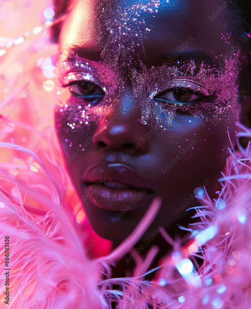 A person stands under a vibrant, neon flower hat against a colorful, blurred background, creating a striking, artistic effect that plays with light and texture in a surreal ambiance. A person stands under a vibrant, neon flower hat against a colorful, blurred background, creating a striking, artistic effect that plays with light and texture in a surreal ambiance.