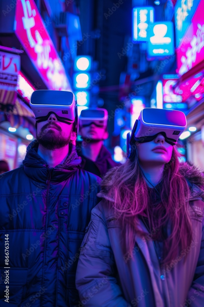 Fototapeta premium A captivating scene depicting a group of people navigating a neon-lit urban street while wearing futuristic VR headsets, highlighting the intersection of modern technology and urban life.