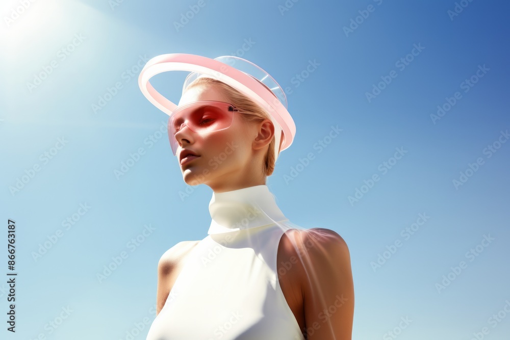 An elegant woman with a transparent pink headpiece poses gracefully against a clear blue sky. Her futuristic ensemble reflects modern fashion, highlighting beauty and sophistication. An elegant woman with a transparent pink headpiece poses gracefully against a clear blue sky. Her futuristic ensemble reflects modern fashion, highlighting beauty and sophistication.