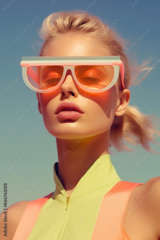 A neon-clad woman wearing vibrant sunglasses poses confidently against a clear sky backdrop. Her bold fashion choice and striking colors embody modernity and self-expression. A neon-clad woman wearing vibrant sunglasses poses confidently against a clear sky backdrop. Her bold fashion choice and striking colors embody modernity and self-expression.