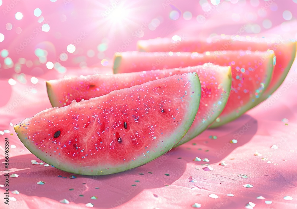 Multiple watermelon slices arranged in a row on a pink surface, enhanced with a glittering effect that brings a whimsical and festive touch to the fresh fruit display. Multiple watermelon slices arranged in a row on a pink surface, enhanced with a glittering effect that brings a whimsical and festive touch to the fresh fruit display.