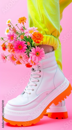 A pair of white boots featuring bright orange soles, styled with neon green pants filled with colorful flowers, offers a bold and playful combination of fashion and nature.