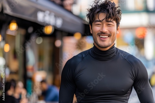 Portrait of a joyful asian man in his 20s showing off a lightweight base layer isolated in bustling city cafe