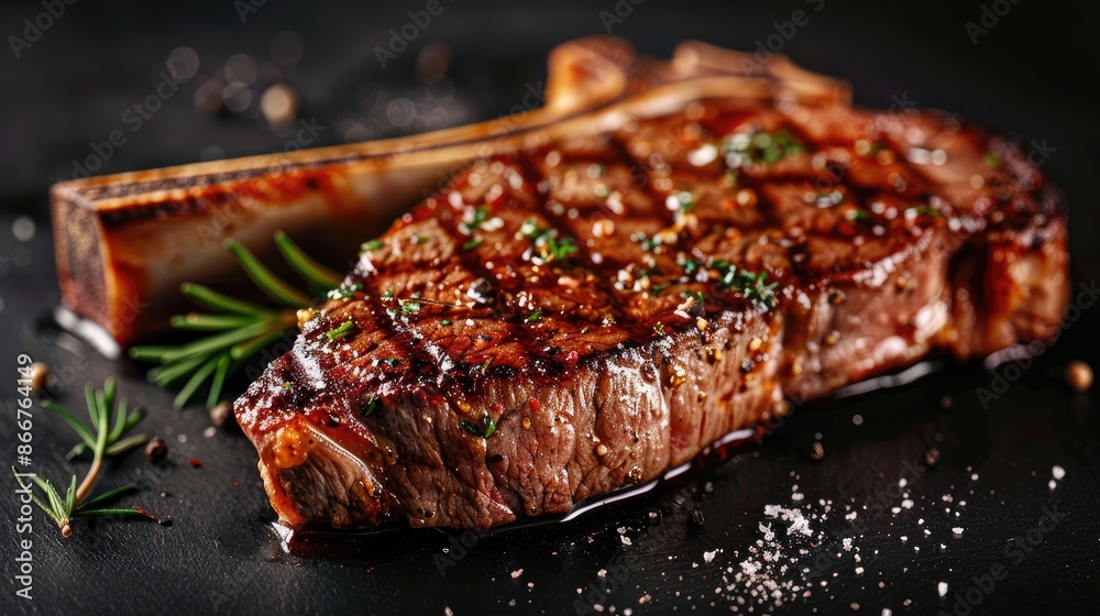 Cooked T-bone steak with a caramelized crust on black background Cooked T-bone steak with a caramelized crust on black background