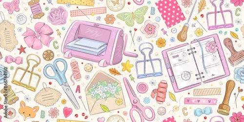 Seamless pattern with hand drawn art supplies for scrapbooking. Background with handmade, scrapbook or planner decoration elements. Stickers, stamp, tape. Vector illustration