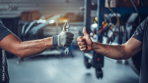 Mechanic Hands with Wrench and Thumbs Up in Auto Repair Shop, Highlighting Car Maintenance and Teamwork, Generative AI