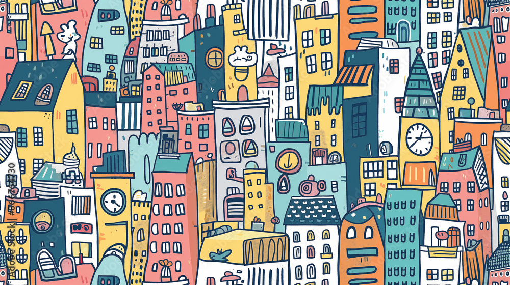A colorful cityscape with many buildings and a clock on the side of one of them A colorful cityscape with many buildings and a clock on the side of one of them
