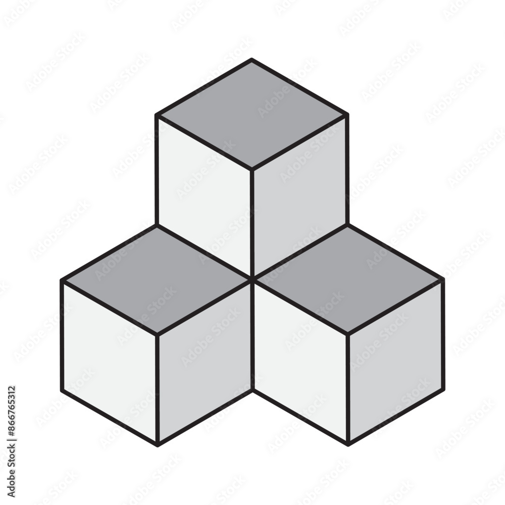 Geometric cube stack. Black outline vector. Minimalistic 3D design. Grey and white blocks. Geometric cube stack. Black outline vector. Minimalistic 3D design. Grey and white blocks.