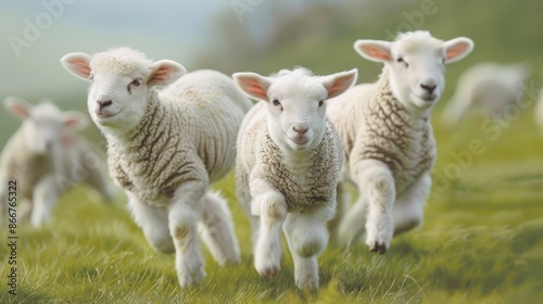 Lambs frolicking in green meadow