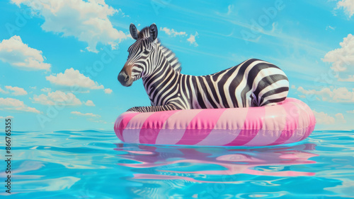 Zebra Relaxing on a Pink Inflatable Ring © Kara