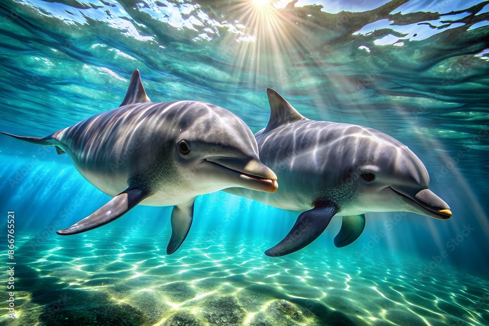 Obraz premium Two dolphins swim underwater in the ocean in the wild with sunlight shining through the water