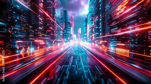 Neon lights streak across a futuristic city street, creating a dynamic and vibrant scene.