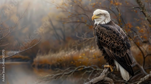 Majestic bald eagle perched on tree overlooking photo