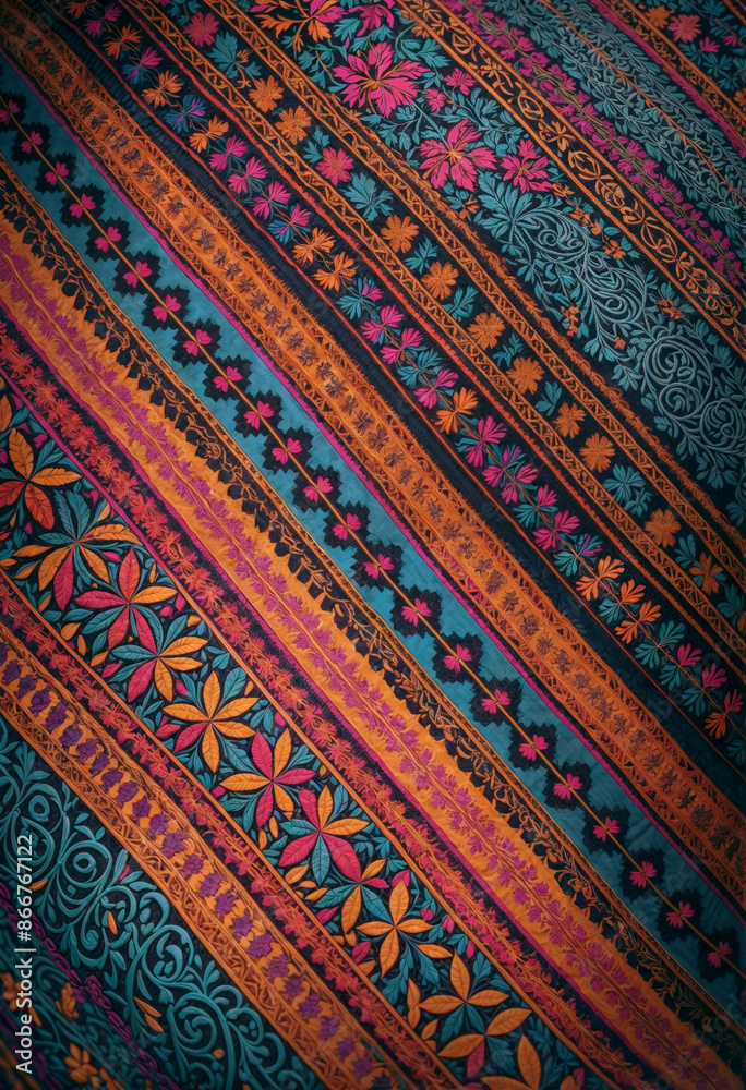 a close up of a colorful fabric with a tradtional hispanic pattern