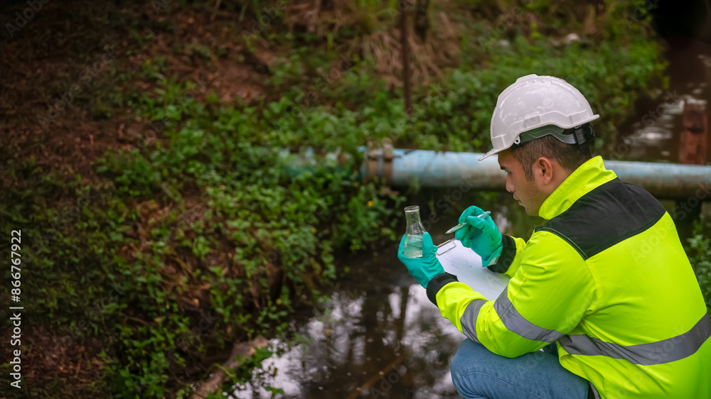 An ecologist in a green jacket sitting aside the pond try to examination the quality of water in a glass tube, the environmentalist An ecologist in a green jacket sitting aside the pond try to examination the quality of water in a glass tube, the environmentalist
