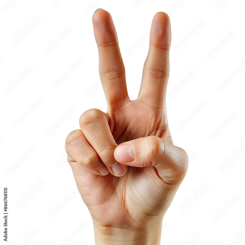 Caucasian hand making victory gesture on transparent background Caucasian hand making victory gesture on transparent background