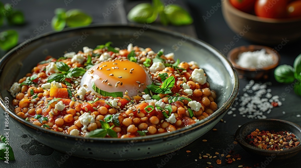 A platter featuring an over-easy fried egg atop a bed of chickpeas and fresh spinach sprouts A platter featuring an over-easy fried egg atop a bed of chickpeas and fresh spinach sprouts