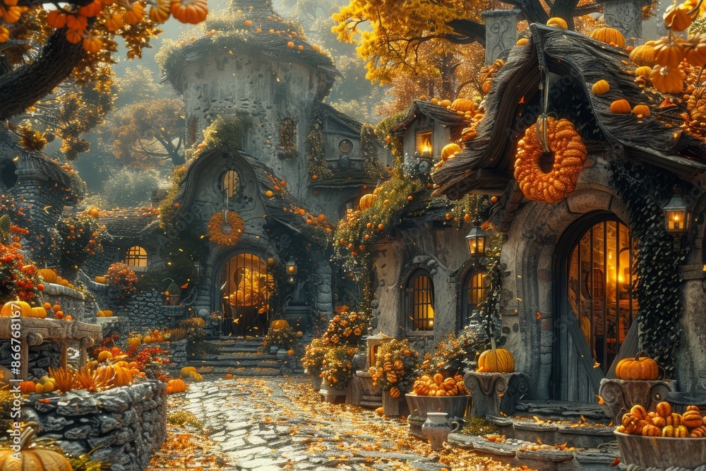 A magical village adorned with autumn decorations, including pumpkins and wreaths, along cobblestone paths and quaint houses, creating a whimsical, fairy-tale atmosphere.
A magical village adorned with autumn decorations, including pumpkins and wreaths, along cobblestone paths and quaint houses, creating a whimsical, fairy-tale atmosphere.