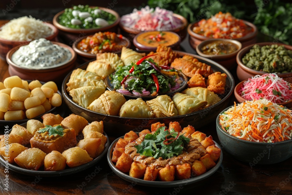 A vibrant Indian snack platter featuring an array of popular street food items, chutneys, and salads, beautifully arranged in traditional bowls, perfect for a festive occasion.
A vibrant Indian snack platter featuring an array of popular street food items, chutneys, and salads, beautifully arranged in traditional bowls, perfect for a festive occasion.
